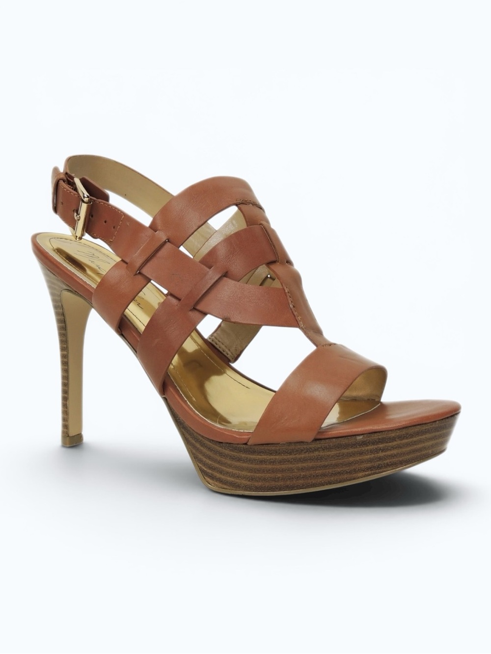 Marc Fisher Brown Leather Strappy Woven Platform Sandals Chunky Heel Sz 6.5
